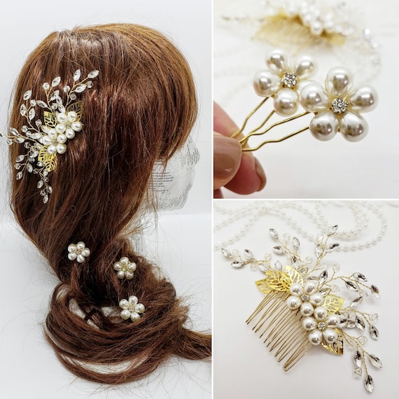 Gold Wedding Hair Comb and Pins: Pearl Rhinestone Bridal  display picture 3