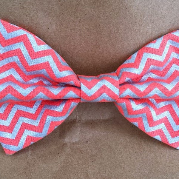 Coral and Silver Chevron Dog Bows and Bow Ties; Boutique Chevron Dog Apparel; Silver Pet Bow; Wedding Dog Bow; Stylish Puppy Bow Tie