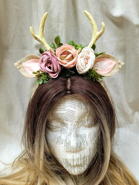 Deer Antler Headband With Roses, Fawn Costume Headpiece - Etsy display picture 2