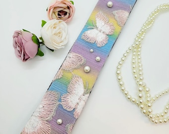 Embroidered Butterfly Guitar Strap: Rainbow Foil & Pearl Accents