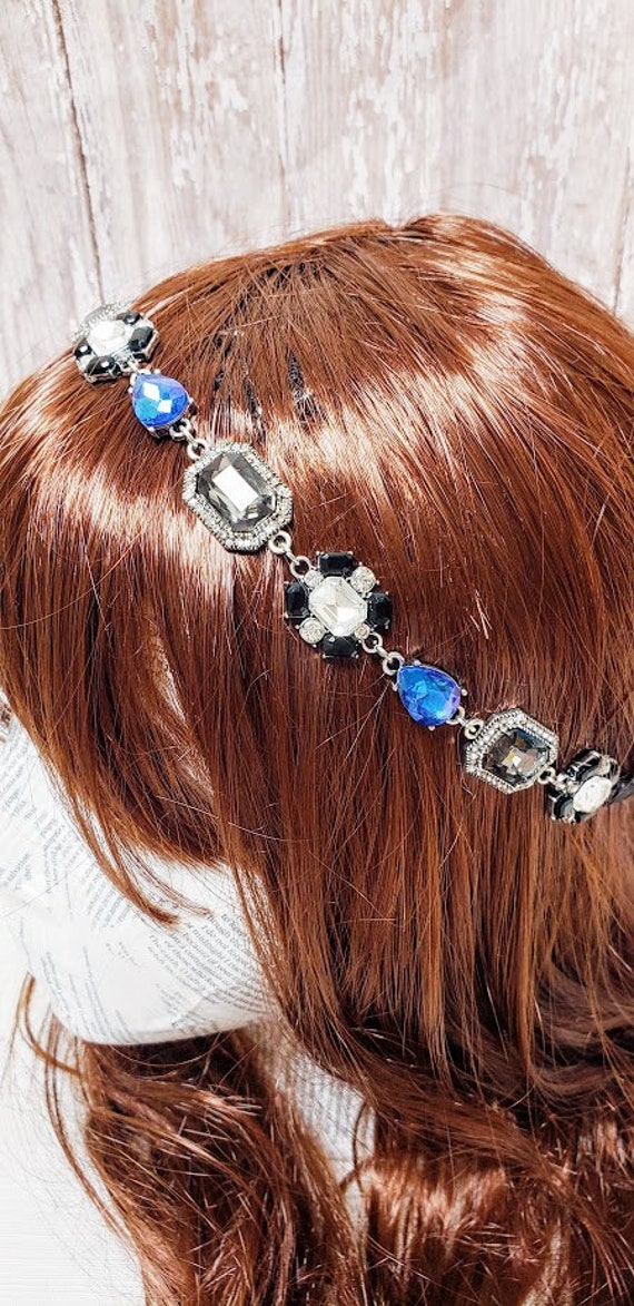Rhinestone Headband: Blue & Grey Elastic Chain, Festival  display picture 3