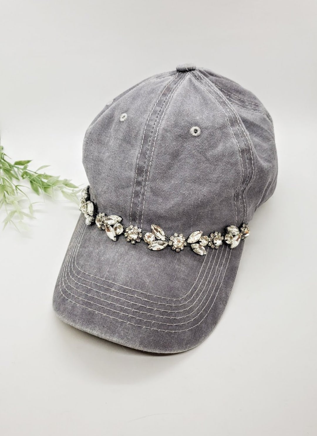 Rhinestone Ponytail Baseball Hat: Distressed Gray Boho Cap; Rhinestone ...