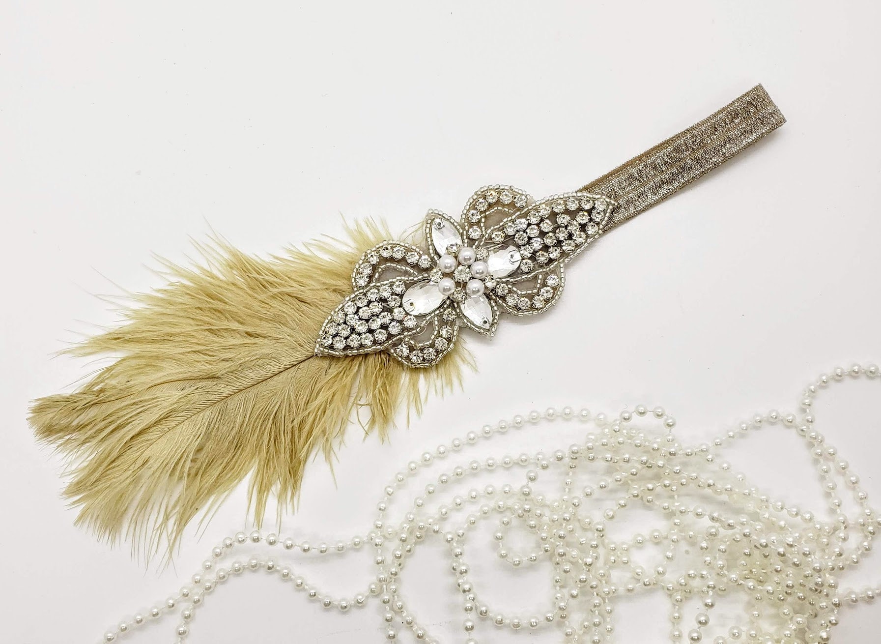 Gatsby Flapper Headband: Rhinestone & Feather 1920s 