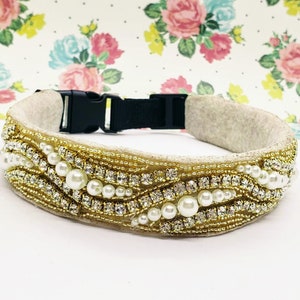 Gold Rhinestone and Pearl Dog Collar; Unique Dog Collars; Medium Crystal Dog Collar; Wedding Dog Collar; Diamond Dog Collar; Gold Dog Collar
