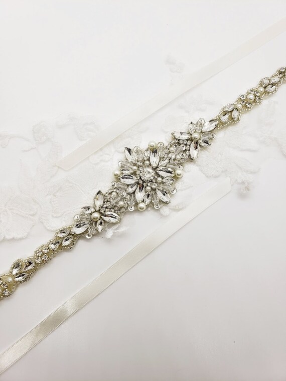 Rhinestone Pearl Wedding Belt: Skinny Bridal Dress Sash
