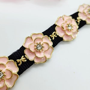 Pink Flower Dog Collar: Gold Enamel, Rhinestone Detail