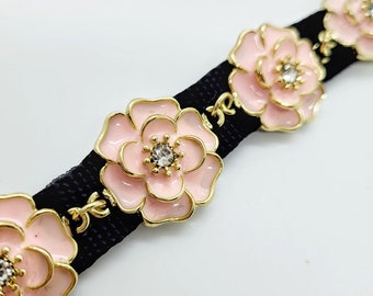 Pink Flower Dog Collar: Gold Enamel, Rhinestone Detail