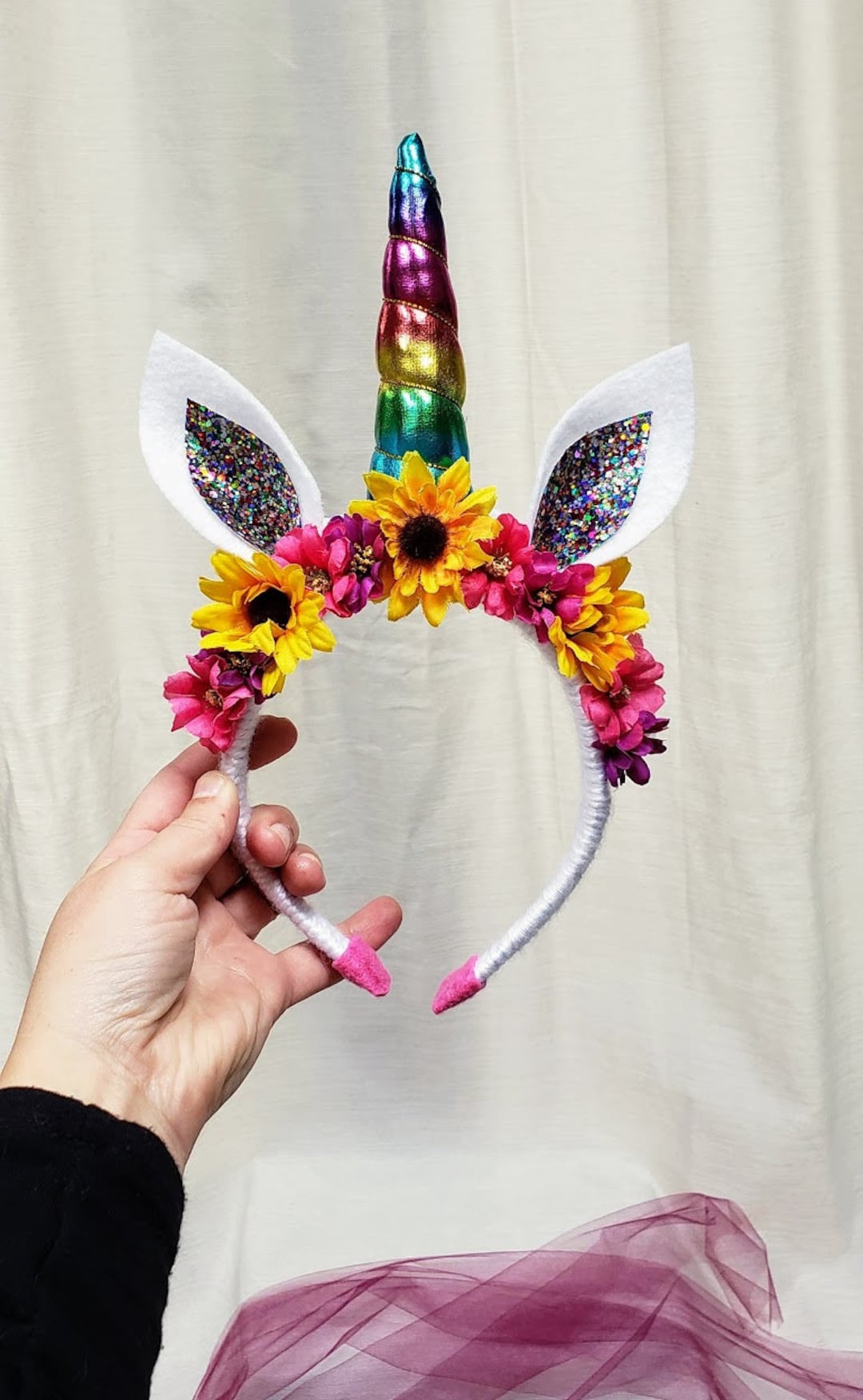 Rainbow Unicorn Flower Headband: Glitter Ears, Yarn Wrapped  display picture 1