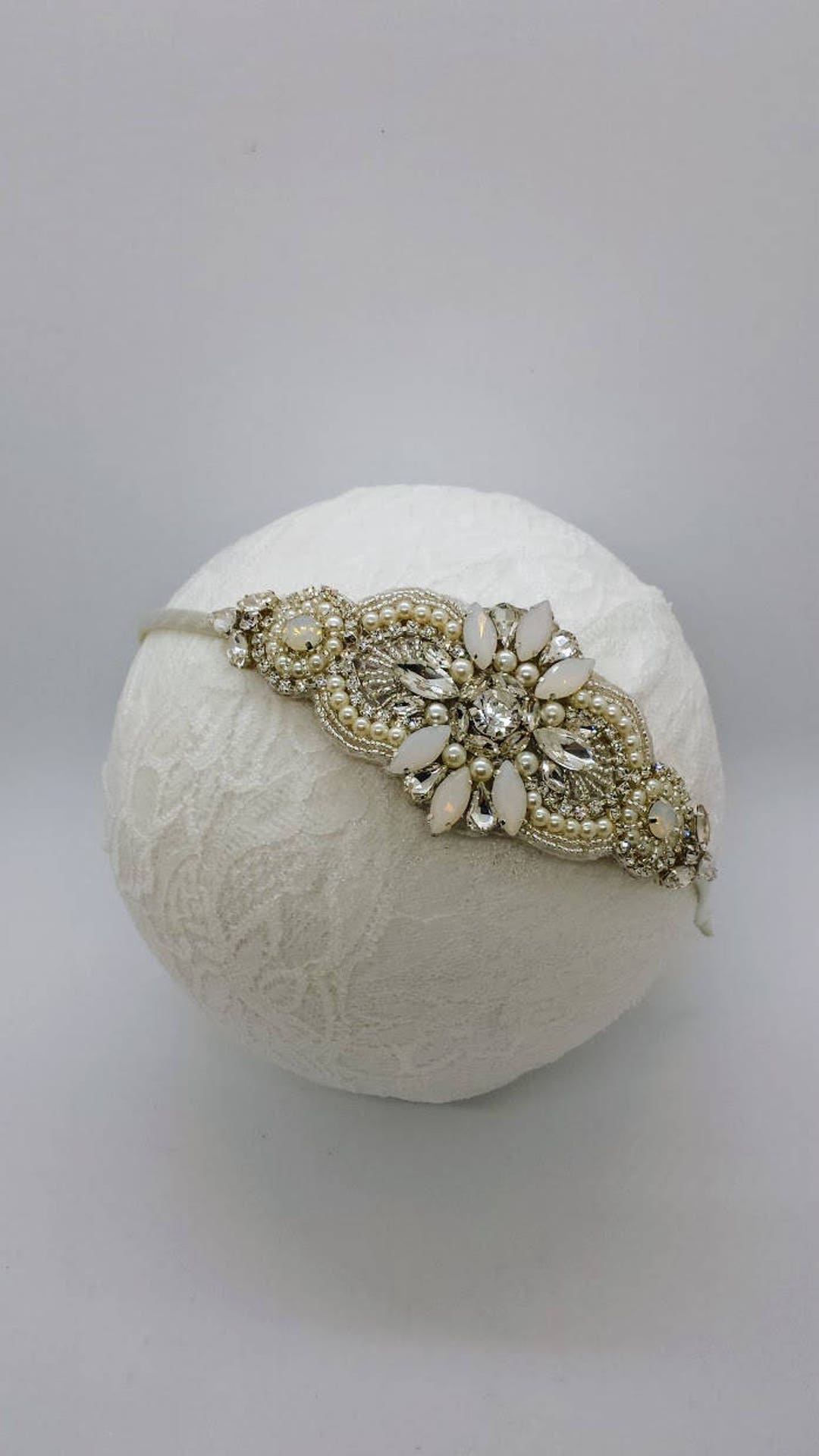 Silver Moonstone Bridal Headband: Beaded Opal Wedding  display picture 2