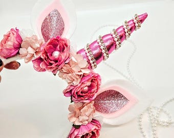 Pink on Pink Pearl Unicorn Headband; Pink Flower Unicorn Headband; Unicorn Costume; Easy Unicorn Costume; Unicorn Birthday Party