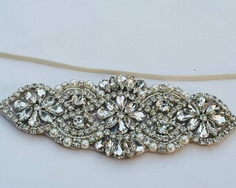 Fabulous Diamante Jeweled Bridal Headband; Art Deco Wedding Headband; Elastic Bridal Headband; White Rhinestone and Pearl Headband