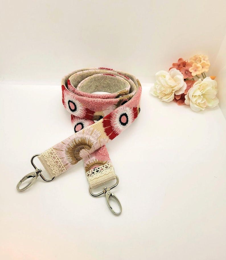 Embroidered Floral Crossbody Purse Strap: Pink Boho Purse Strap; Embroidered Purse Strap; Flower Purse Strap; Girly Strap; Flower Strap image 1