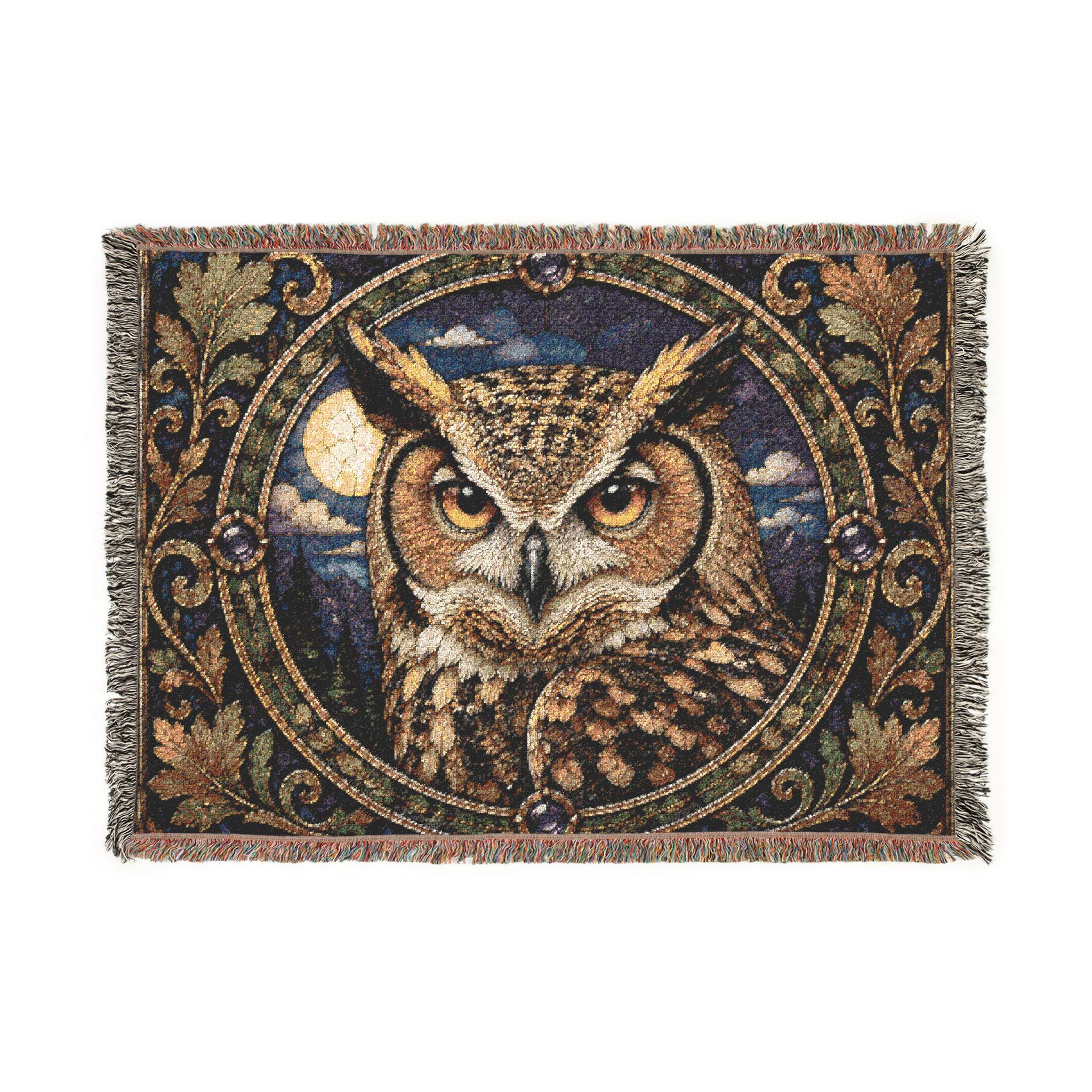Mystic Owl Tapestry Woven Blanket | Night Moon Forest Fringe Throw