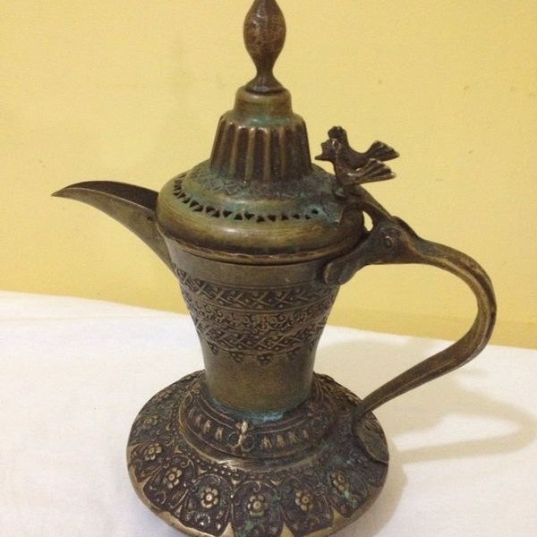 Vintage Brass Pitcher, Antique Ottoman Jug, with cover, Middle East Ornament etching, pair birds, Rare Carafe