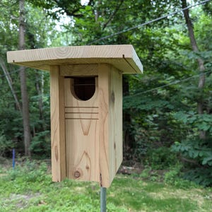 May include: A wooden birdhouse with a simple design, featuring a rectangular opening with a rounded top. The birdhouse is mounted on a pole and is surrounded by green foliage.