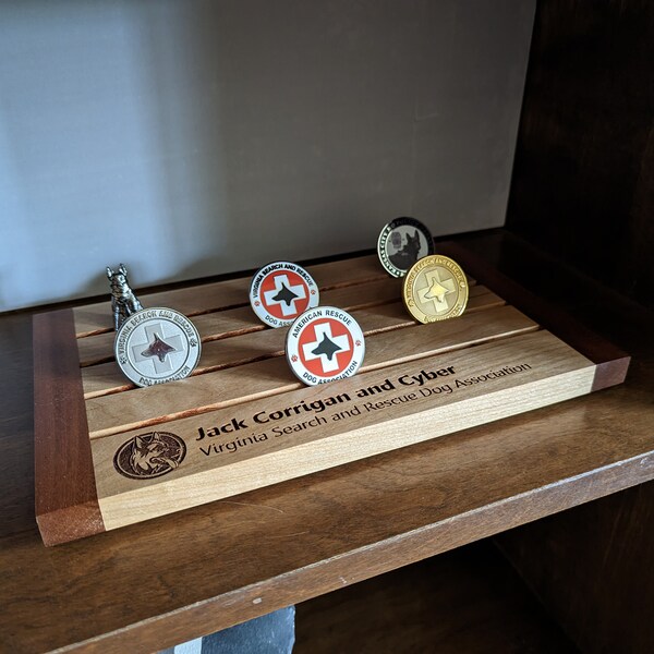 FREE SHIPPING - Cherry Challenge Coin Display with Sapele Breadboard Ends - Finely Finished - 7" x 12" - 4 Rows (40") for Coins