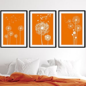 3pc Orange Dandelion prints, Orange wall art, orange home decor, Dandelion art, orange art, Dandelion prints, dandelion wall art, orange art