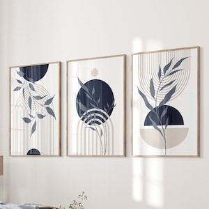 Set of 3 Blue and Beige Wall Art, Mid Century Print, Blue Boho art, Blue and Beige Art, Blue wall decor, Blue wall prints, blue boho decor