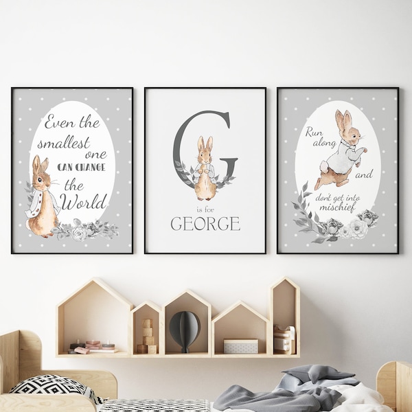 Arte mural de Peter Rabbit, decoración de pared de Peter Rabbit, láminas grises para habitación infantil, decoración gris para habitación infantil, regalos de Peter Rabbit, decoración de habitación infantil de género neutro