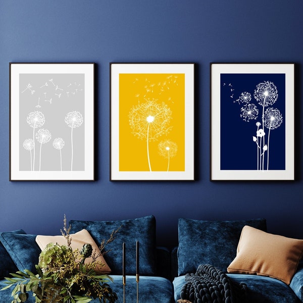 3pc Blue and Yellow Dandelion prints, Blue wall art, blue and yellow wall art, Dandelion art, yellow and blue home decor, Mustard Wall Art