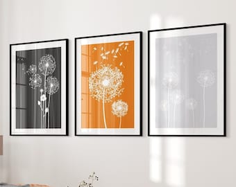 Orange and Grey Dandelion Wall Art Set of 3 | Modern Floral Prints | Minimalist Bedroom or Living Room Wall Decor
