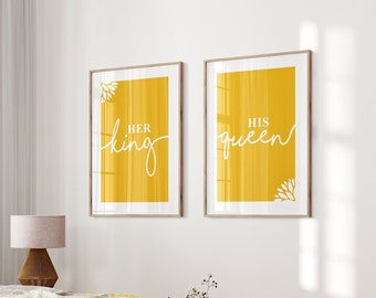 Set of 2, Mustard yellow bedroom decor, Mustard wall art, Yellow wall art, Her King His Queen, mustard yellow home decor, bedroom prints