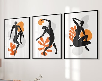 Black Silhouette Art Prints: Orange Accent Decor, Set of 3