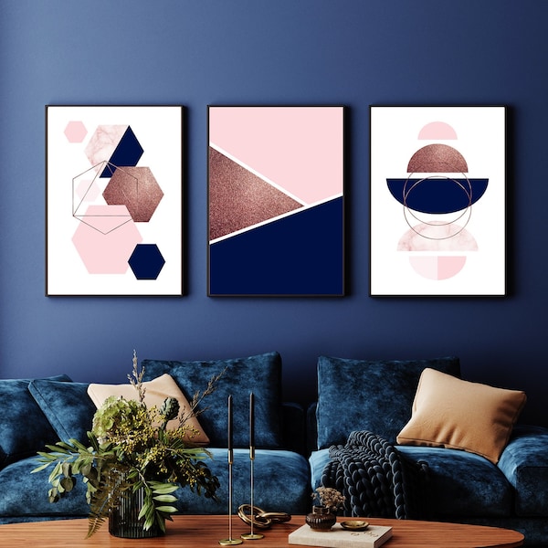 Navy Pink Wall Art, Blue Pink Geometric Prints,Navy Blush Print, Pink and Navy Print, Navy Pink Wall Decor, Set of 3 wall prints