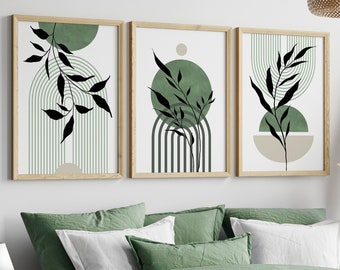 Set of 3 Sage Green Wall Art Prints, Mid Century Print, Sage Green Boho art, Green Geometric prints, Botanical Art, Green Black beige art