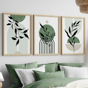 Set of 3 Sage Green Wall Art Prints, Mid Century Print, Sage Green Boho art, Green Geometric prints, Botanical Art, Green Black beige art