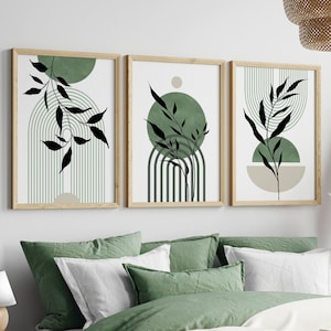 Set of 3 Sage Green Wall Art Prints, Mid Century Print, Sage Green Boho art, Green Geometric prints, Botanical Art, Green Black beige art