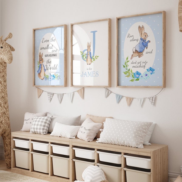 Arte mural de Peter Rabbit: decoración de pared para habitación infantil de Peter Rabbit, láminas azules para habitación infantil, láminas para habitación infantil de Peter Rabbit, regalos de Peter Rabbit, decoración azul