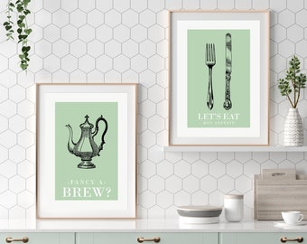 Impressions de cuisine vert sauge : décoration murale de couverts, lot de 2
