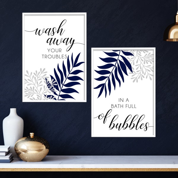 2pc Blue Bathroom Wash away your troubles, blue bathroom prints, tropical bathroom wall decor, navy blue wall art, blue and grey prints