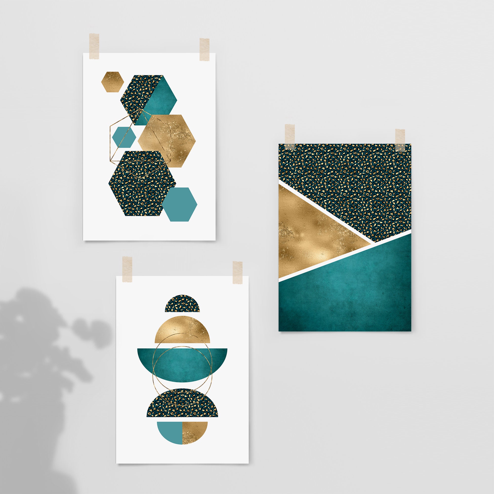 Set of 3 Teal and Gold Wall Art Teal and Gold Wall Art Teal Etsy