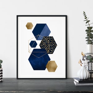 Arte murale blu navy e oro, stampa geometrica blu, arte murale blu e oro, stampe blu per il soggiorno, stampe blu per la camera da letto, decorazioni blu e oro