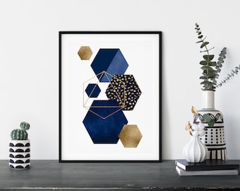 Navy Blue and Gold Hexagon Art Print: Geometric Wall Decor