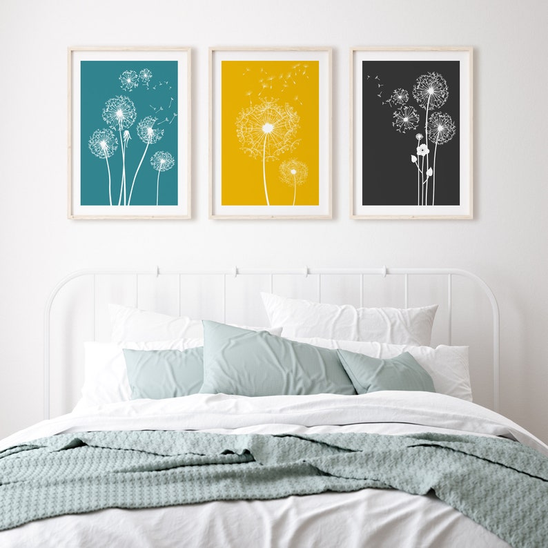 3pc Teal and Yellow Dandelion Prints Teal Wall Art Teal and Etsy UK