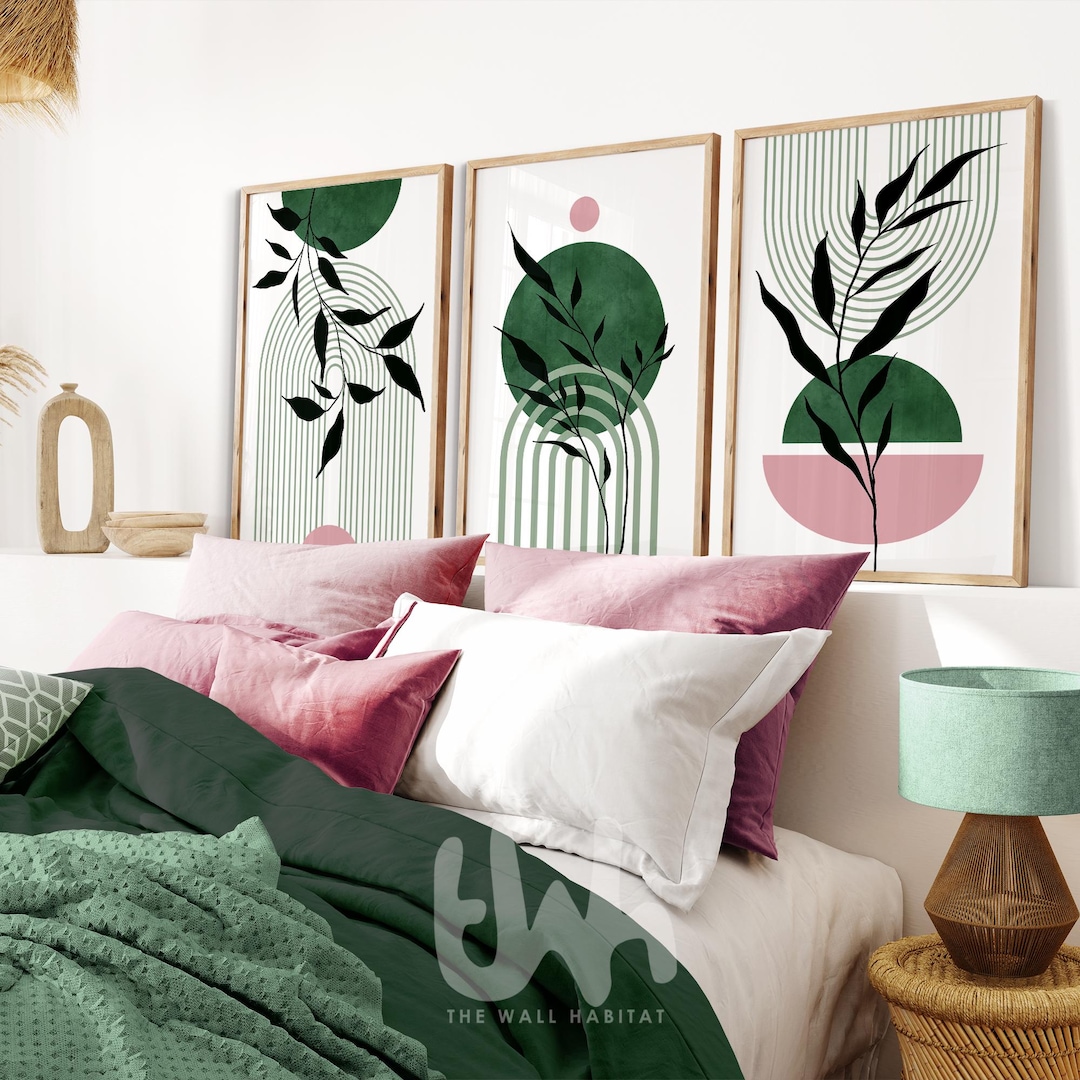 Pink and Green Wall Art, Green and Pink Prints, Pink and Green Bedroom