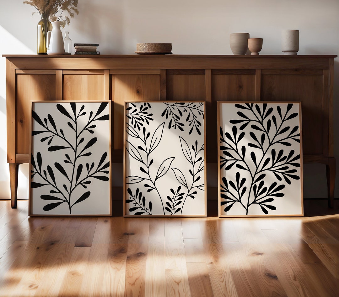 Set of 3 Black and Beige Botanical Prints | Neutral Modern Wall Art ...
