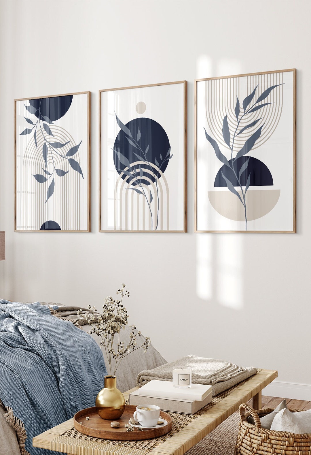 Set of 3 Blue and Beige Wall Art Mid Century Print Blue Boho Etsy