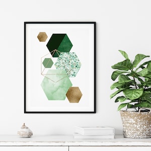Hexagonal Green and Gold Wall Art Prints, Green and Gold Prints, Green Gold art, Green Geometric prints, Living room art, green wall decor