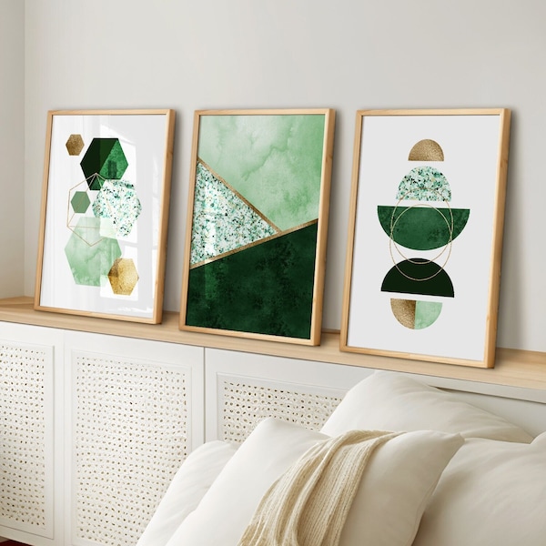 Green and Gold Geometric Art Prints: Set of 3, Living Room Decor