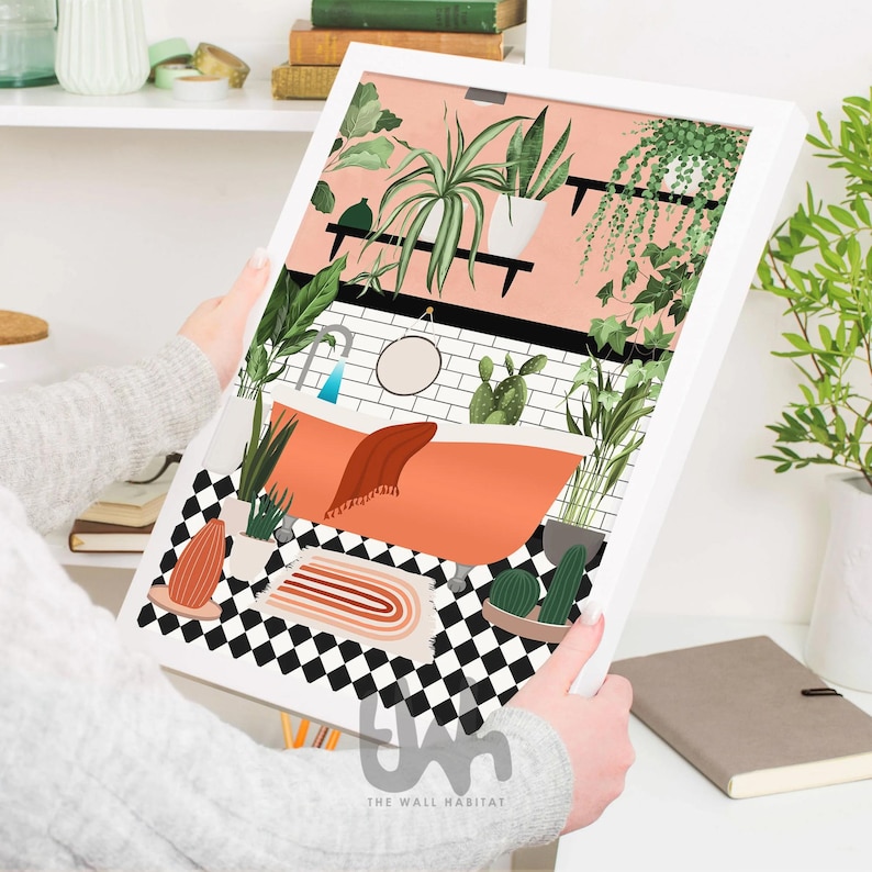 May include: A digital illustration of a bathroom with a pink wall, white tile floor, and a bathtub with a red towel. The bathroom is decorated with plants and a black and white checkered floor.