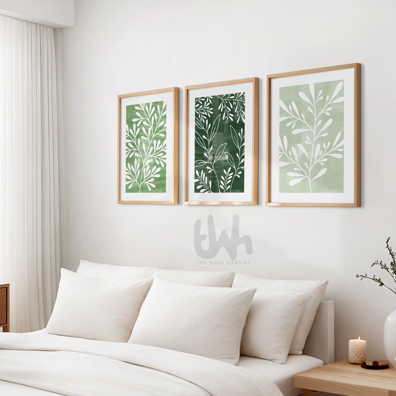 Set of 3 Green Botanical Leaf Prints | Green and White Wall Art ...