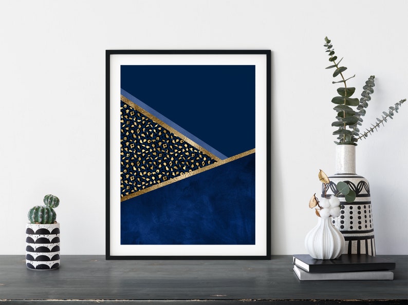 Set of 3 Navy Blue and Gold Wall Art Blue and Gold Wall Art Etsy