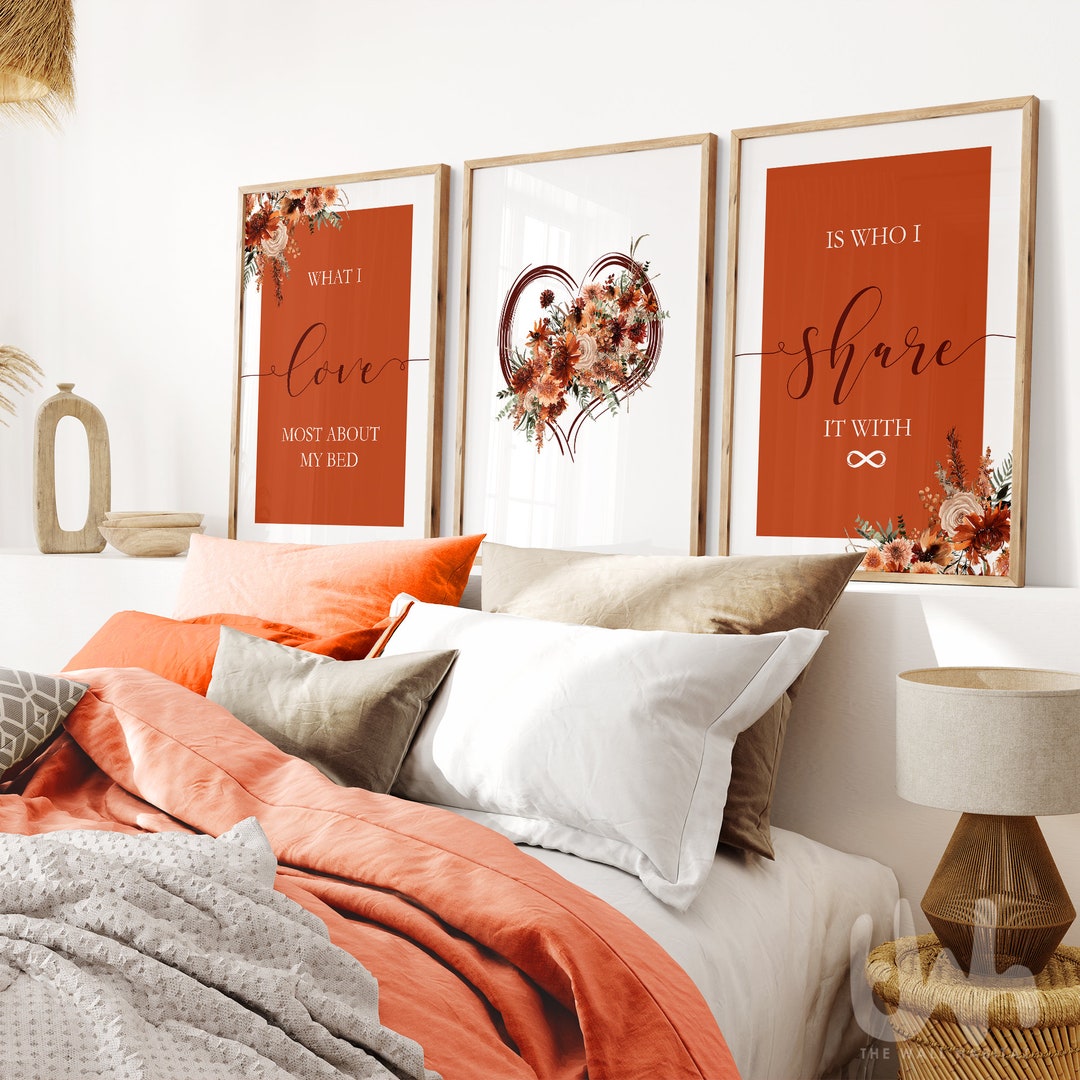3pc Burnt Orange Wall Art Set, Orange Bedroom Prints, Burnt Orange Art