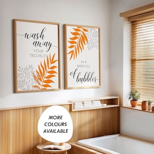 2er Set Oranges Badezimmer Poster, Waschen Sie Ihre Probleme weg, oranges Badezimmer Dekor, tropisches Badezimmer Dekor, orange Wand Kunst, orange grau