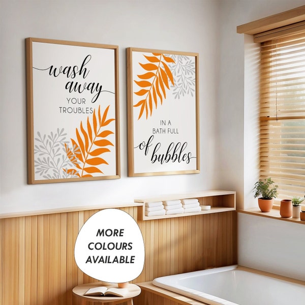 Set of 2 Orange Bathroom Prints, Wash away your troubles, orange bathroom decor, tropical bathroom wall decor, orange wall art, orange grey