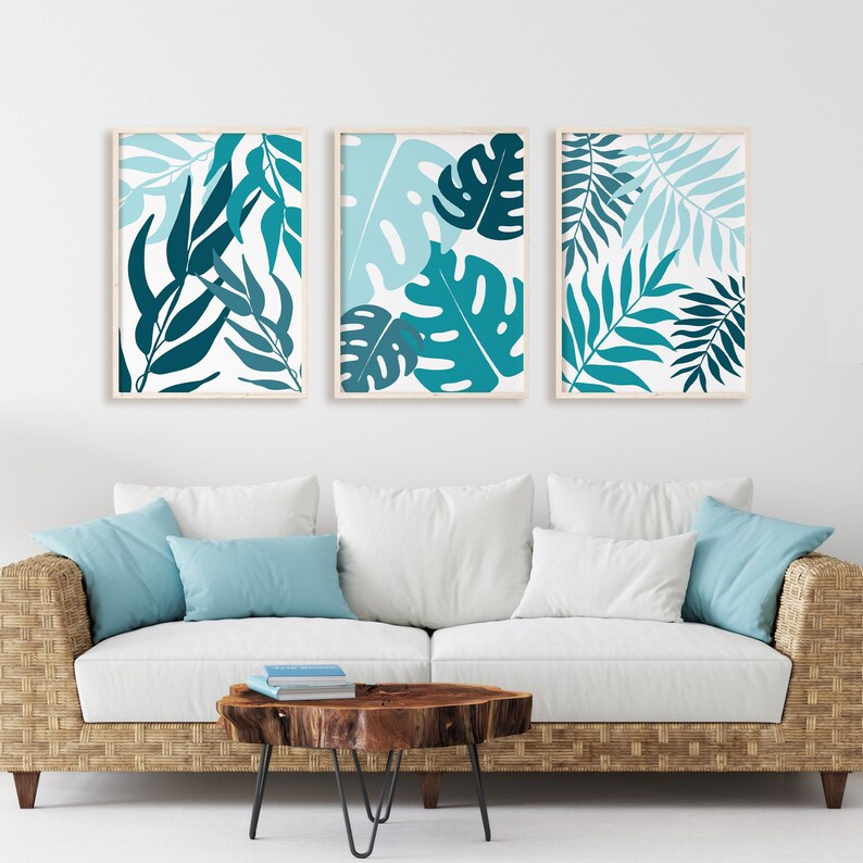 Set of 3 Teal Leaf Wall Art Teal Wall Art Teal Home Decor Etsy UK